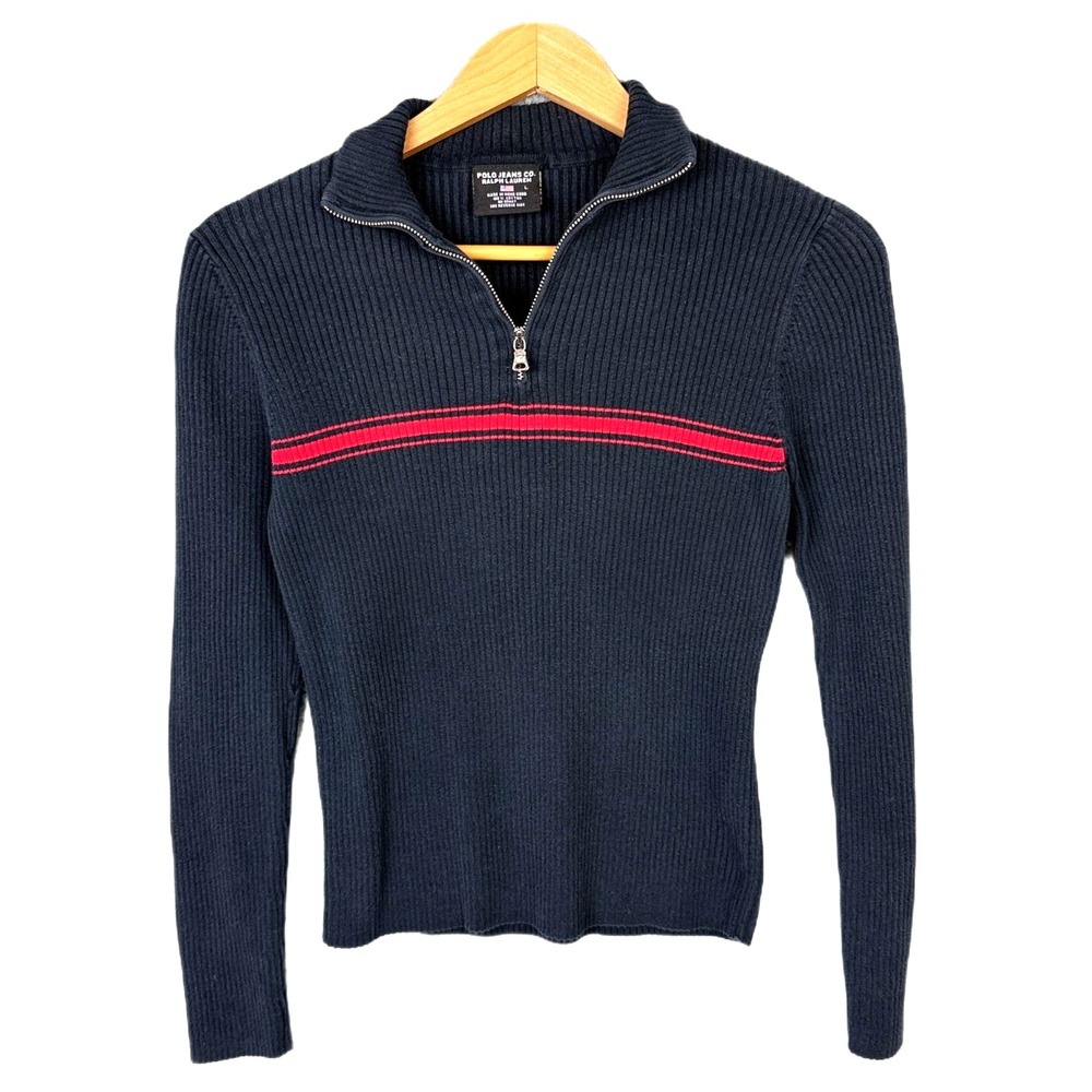 Polo Jeans Co Ralph Lauren Quarter-Zip Sweater Womens L Navy Blue Cotton 90s Vtg